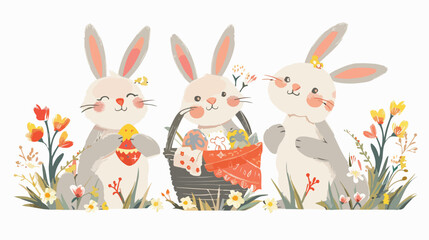 Group of funny adorable bunnies or rabbits holding 