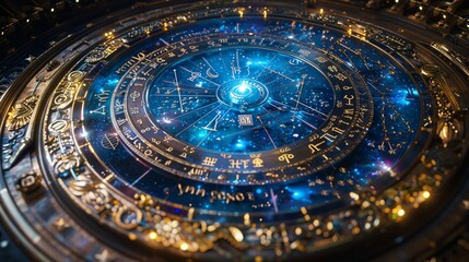 Luminous celestial chart depicting horoscope symbols revolving around a bright core as an oracle of fate - obrazy, fototapety, plakaty