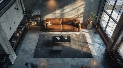 Top view of a living room with a minimalist interior design with a leather sofa and coffee table on a gray concrete floor, with wooden cabinets and a window letting in sunlight.