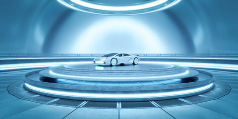3D Futuristic car in high-tech showroom