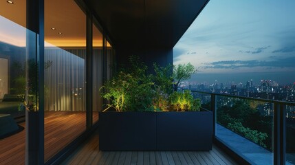 Sleek black rectangular flower box with plants on the terrace of an apartment building overlooking the city at night. Outside there is a view of city buildings and skyscrapers.