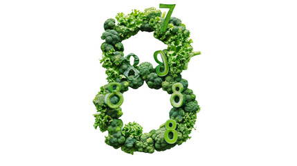 Number Eight made of green vegetables on the transparent background, PNG Format