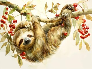 Naklejka premium A sleepy sloth, hanging upside down from a branch painted in soft greens and browns, cradled a bunch of vibrant red berries in its slowmoving paws, a comical watercolor picture of contentment