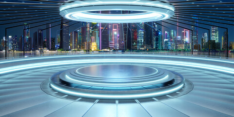 3D Futuristic city skyline with neon stage platform