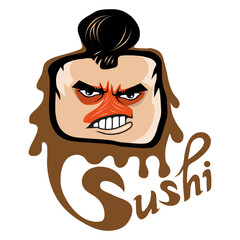 Set of different cartoon sushi elements. Cartoon sushi logo. Sushi lettering. Vector artwork.