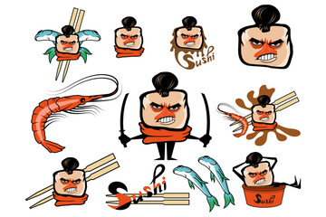 Set of different cartoon sushi elements. Cartoon sushi logo. Sushi lettering. Vector artwork.