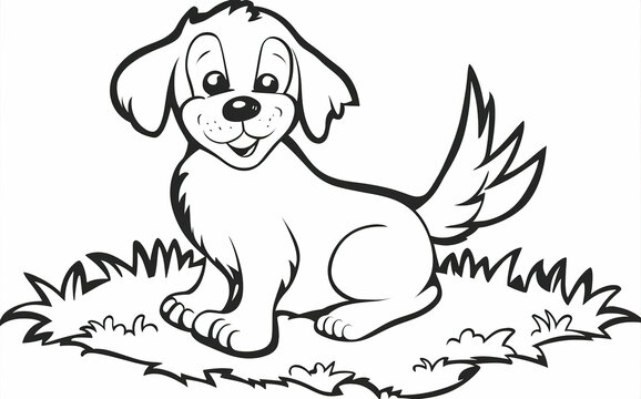 Black and white sketch of a cheerful dog. Drawing for coloring