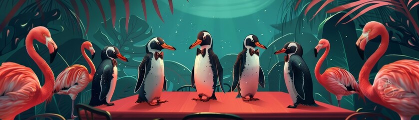 A team of penguins in bowties waddled confidently into a meeting room, presenting their innovative marketing campaign to a panel of impressedlooking flamingos - obrazy, fototapety, plakaty