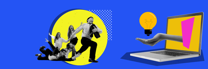 Man running towards a lightbulb within a laptop, while people are falling down behind him. Contemporary art. Competitive industry, run for innovations. Concept of business, public relations, marketing