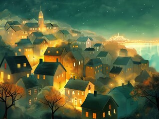 Dreamy night scene of a glowing village with a warm, inviting atmosphere.