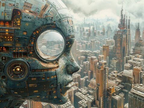 Technological urban architecture, human brain computer computing interface, artificial intelligence abstract concept map