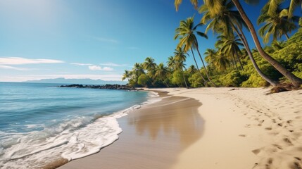 Palm trees sway gently on a sandy beach beside crystal-clear blue waters