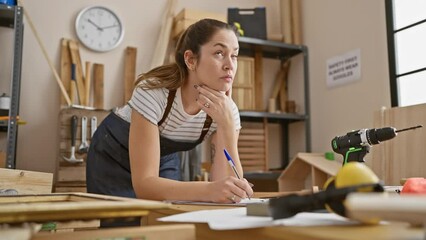 A focused woman planning woodworking projects in a carpentry studio with tools and timber around.