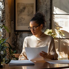 Professional woman reviewing a legal document in a modern office setting, focused expression, bright natural light, and minimalistic decor.