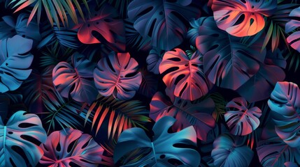 Tropical leaves background, seamless pattern with colorful vibrant summer jungle foliage