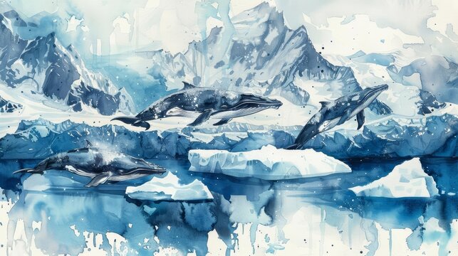 A watercolor panorama shows a pod of whales migrating through icy waters, their massive forms subtly shaded in blues and grays, contrasted against the cold, stark white icebergs