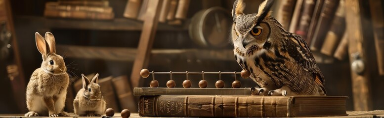 A wise old owl perched on a stack of books offered financial advice to a family of anxiouslooking rabbits, carefully calculating their investments on an abacus - obrazy, fototapety, plakaty