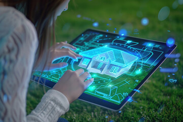Young businesswoman using a digital tablet with property graphics visualizations.