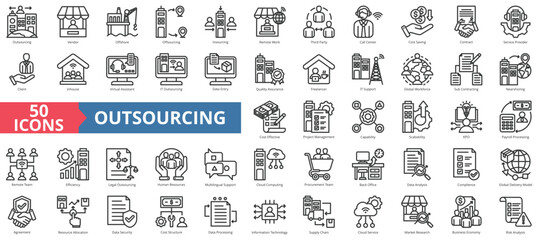 Obraz na płótnie Canvas Outsourcing icon collection set. Containing vendor, offshore, offsourcing, insourcing, remote work, third party, call center icon. Simple line vector.