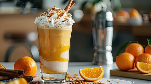 A creamy orange milkshake in an elegant glass, topped with cinnabar sprinkles and whipped cream, surrounded by orange slices on a table, shot from a side angle.