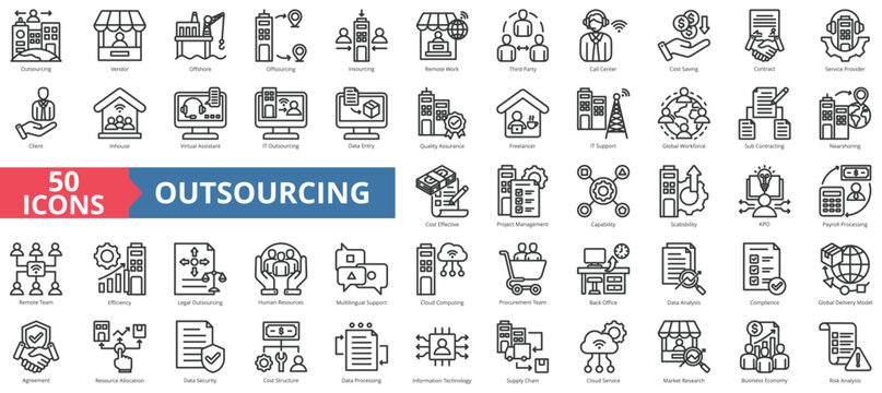 Outsourcing Icon Collection Set. Containing Vendor, Offshore, Offsourcing, Insourcing, Remote Work, Third Party, Call Center Icon. Simple Line Vector.