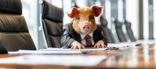 Pig in formal attire dining at table   quirky and amusing business concept illustration