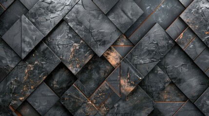 A modern geometric pattern on the wall with dark gray and black tiles laid out in an intricate pattern. The surface texture is textured like stone or marble.
