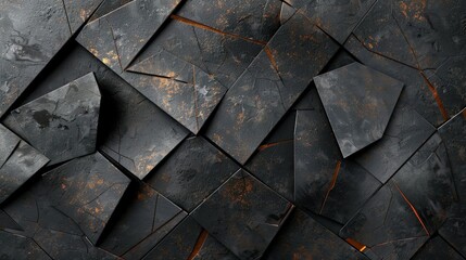 A modern geometric pattern on the wall with dark gray and black tiles laid out in an intricate pattern. The surface texture is textured like stone or marble.