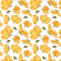 Yellow cosmic flowers blooming on a white background. Floral seamless pattern with yellow flowers. Vector background for fabric, wallpaper, decoration, textile, wrapping paper.