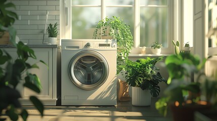 Fototapeta premium A washing machine in a bright room with lots of plants