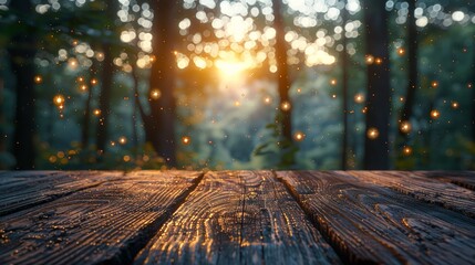 Gleaming lumber foreground leading to an enchanted forest blur with sparkling orbs of light - obrazy, fototapety, plakaty