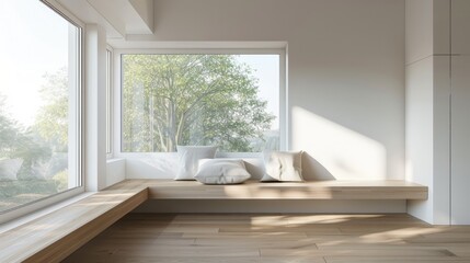 House With Windows. Modern Luxury Living Room with Empty Seat and White Pillows