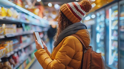 A woman in a yellow jacket and red and white beanie is looking at her phone while shopping in the grocery store.