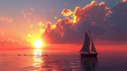 Gardinen Sunset Horizon: Stunning Sunset over Lake Superior with Sail Boat and Serene Seascape © AIGen
