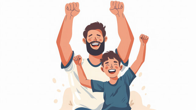 father and son cheer for their favorite sports team, fans, boy, man, child, family, father's day, white background, illustration, emotions, joyful faces, happiness, victory, game