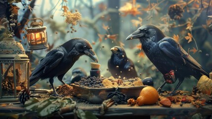 Imagine a world where curious crows, with their knack for tool use, become experts at operating miniaturized grinders, freshly preparing fragrant spices for every culinary creation - obrazy, fototapety, plakaty
