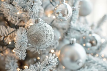 Christmas Tree And Ornament. Silver Balls and White Decor on Tree Branch
