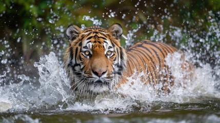 Fototapeta na wymiar Amur Tiger Playing in The Water, Siberia. Dangerous Animal, Russia. Animal in Green Forest Stream. Siberian Tiger Splashing Water