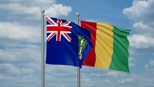 Republic of Guinea and British Virgin Islands two flags waving together, looped video, two country relations concept