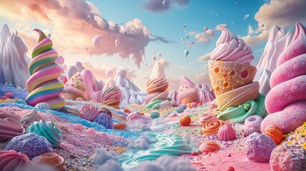 Fototapeta premium Surreal dessert scene with conical treats in soft-hued twists standing amidst a landscape of candies