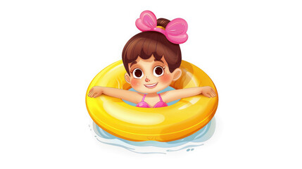 little girl in a pink swimsuit swims with a yellow swimming inflatable ring on a white background, summer, pool, sea, child, kid, toddler, vacation, beach, illustration, drawing, rubber