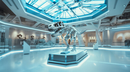 Towering Tyrannosaurus rex dinosaur skeleton in modern museum Exhibition