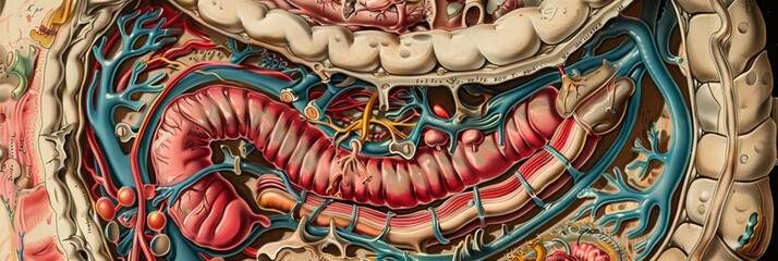 Crosssectional view of the stomach and intestines in a medical illustration - obrazy, fototapety, plakaty