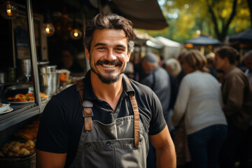 A friendly male employee in an apron in a street restaurant. - Powered by Adobe
