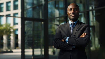 Fototapeta premium Portrait of a corporate manager, A dignified black businessperson exuding professionalism and confidence, poised for success