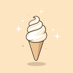 Vanilla ice cream cone vector flat illustration. White ice cream with black outline on beige background.