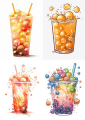 set of glass of bubble tea on a white background, illustration, drawing, drink, balls, tapioca, cassava, lemonade, juice, summer, liquid, colorful, delicious, sweet, food, cafe, coffee