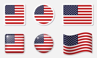 Collection of USA flag icons. Flat stickers and realistic glass vector elements on white background with shadow.