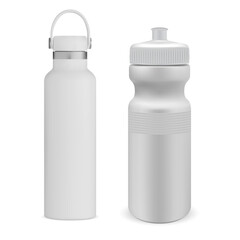Water sport bottle with cap. Drink flask design for branding and promotion. Thermo tin can mockup template. Reusable bicycle bottle realistic illustration. Fitness and travel product
