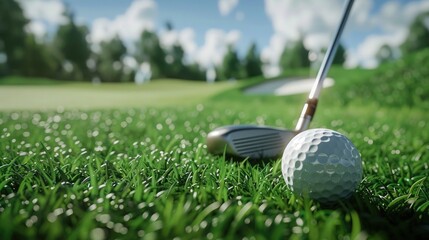 a golf player standing at golf hold, close up on ball and club. generative ai